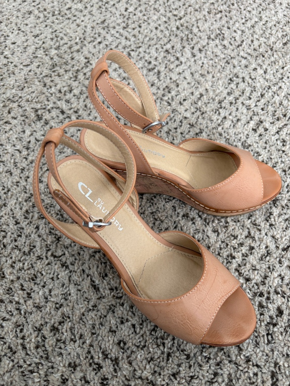 CL by Laundry Peach/Tan Peep-Toe Wedge Sandals